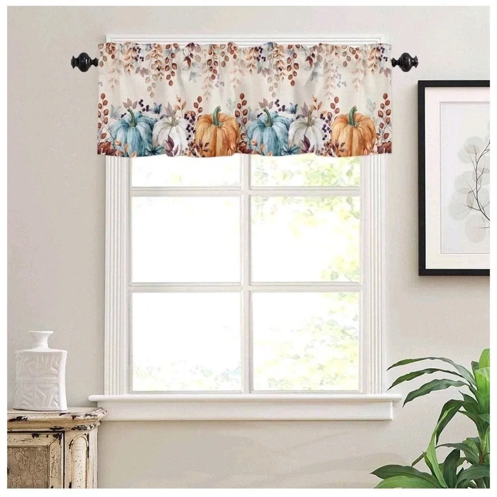 Fall Pumpkin Window Valance Autumn Harvest Watercolor Orange Teal 60x18